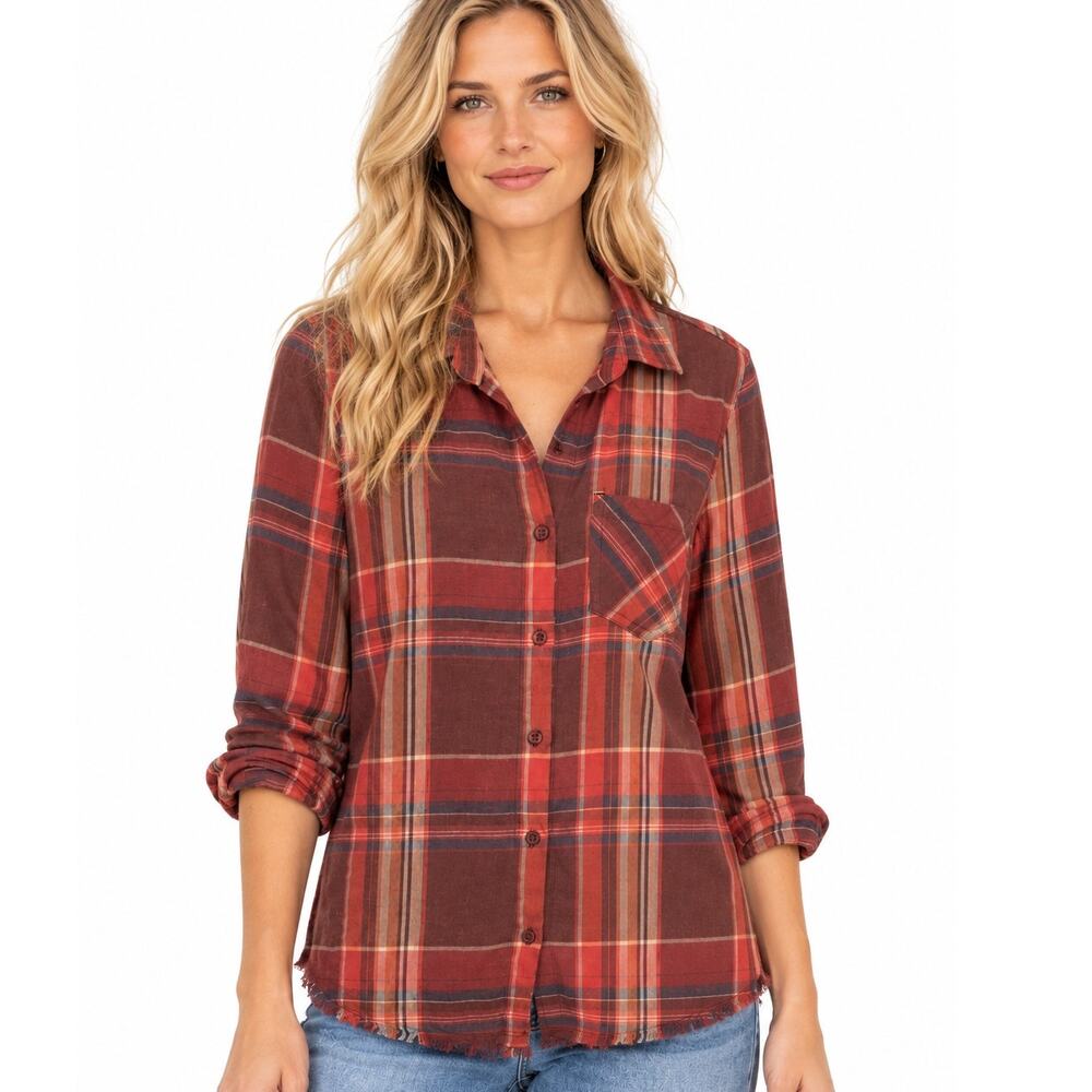 Cloth & Stone Coral Plaid Button Top Womens Medium Raw Hem Preppy Boho Shirt